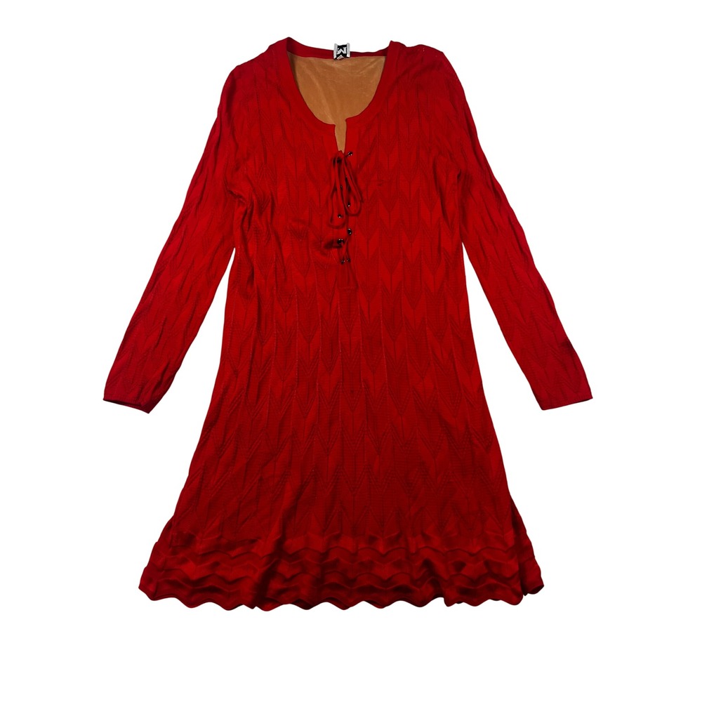 Missoni Red Knit Long Sleeve Lace Up Knit Mini Dress Size 46 FLAW READ